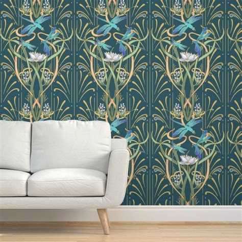 Art Nouveau Dragonflies Deep Teal Wallpaper Spoonflower