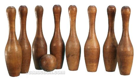 Old Wooden Bowling Game W Ball And 8 Pins