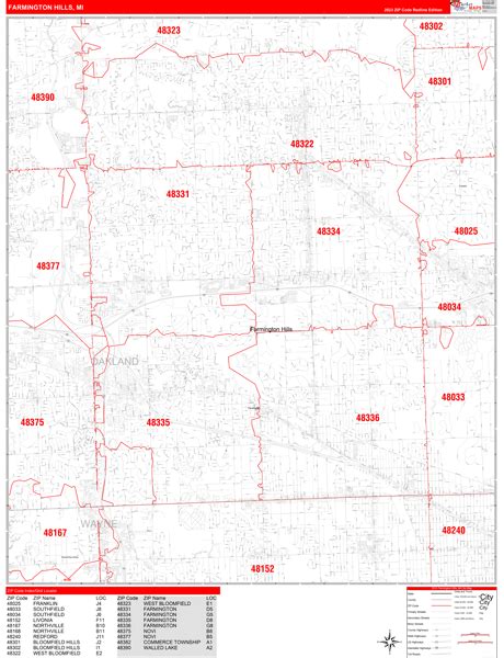 Farmington Hills Michigan Zip Code Wall Map Red Line Style By