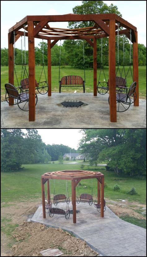 How to build a backyard fire pit. Enjoy Your Outdoor Area by Building This Hexagonal Swing with Sunken Fire Pit | Sunken fire pits ...