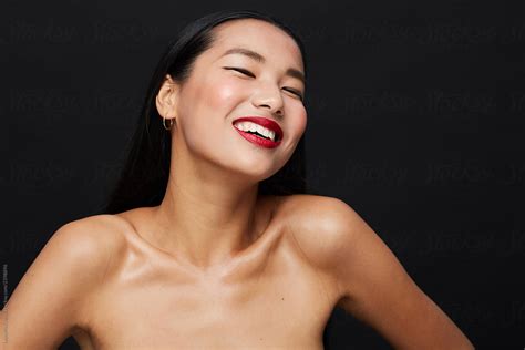 Asian Woman With Red Lips Smiling Beauty Portrait Nude Horizontal