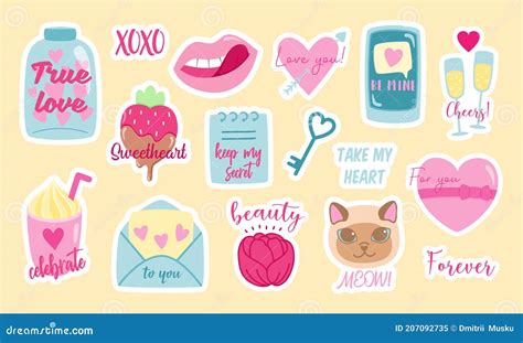 Set Of Girlish Stickers For Valentines Day Stock Illustration