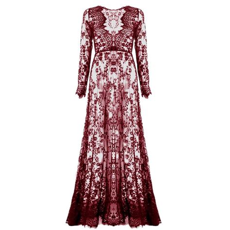 Sexy Lace See Through Dresses Summer Deep V Neck Women Floor Length Loose Solid Long Sleeve