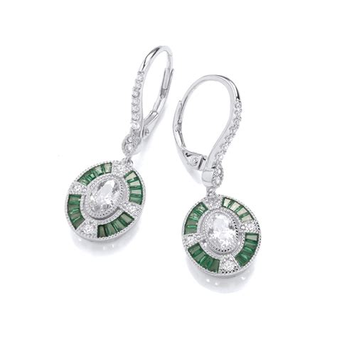 Silver And Emerald Cubic Zirconia Oval Deco Earrings Cavendish French