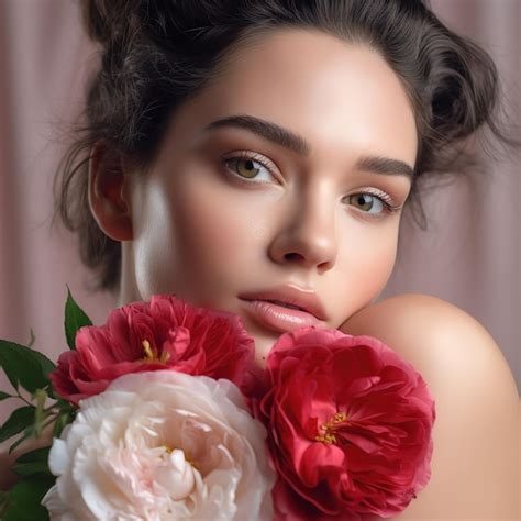 Premium Ai Image Attractive Brunette Girl With Big Beautiful Bouquet Of Flowers Beautiful