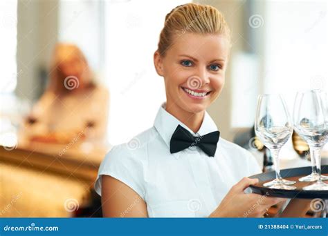Happy Waitress With Tray Of Glasses Stock Photo Image Of Attractive