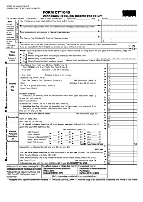 Form Ct 1040 Connecticut Resident Income Tax Return 1999 Printable