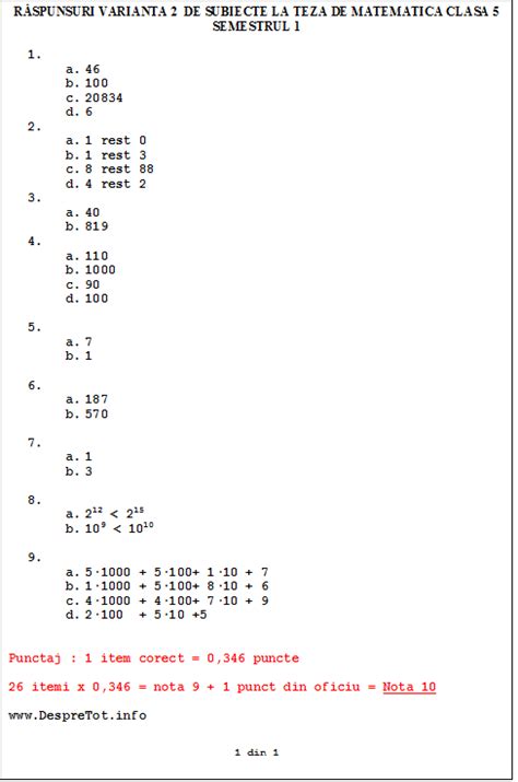 Raspunsuri Varianta 2 De Subiecte La Teza Matematica Clasa