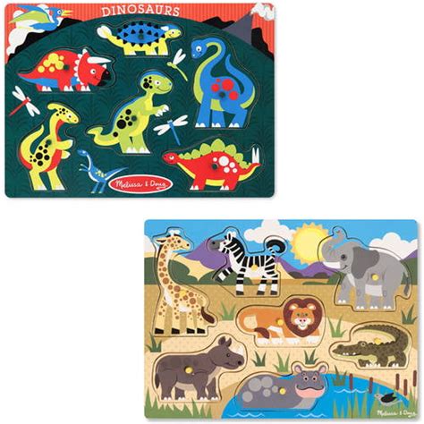 Melissa And Doug Animals Wooden Peg Puzzles Set Safari And Dinosaurs
