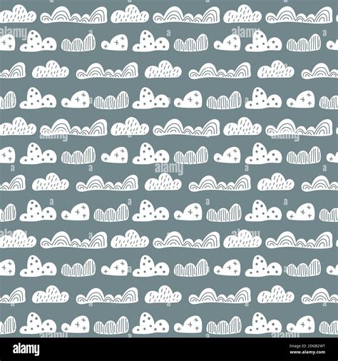 Cute Doodle Clouds Seamless Pattern In Scandinavian Style Vector Hand