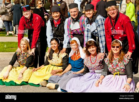 Dutch People Posing In A Group In Ethnic Dress In Holland Michigan