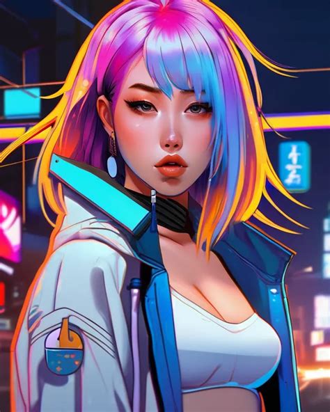 Cyberpunk Anime Girl Rainbow Hair Ai Photo Generator Starryai