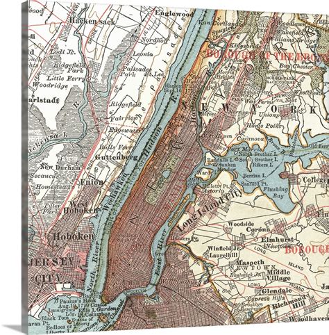 Hudson River And New York Vintage Map Wall Art Canvas Prints Framed