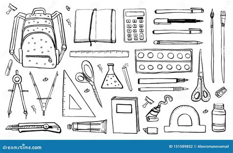 School Stationery Hand Drawn Outline Doodle Sketch Vector Objects Set