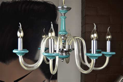 Turquoise Chandelier With Murano Glass Italy Mid 20th Century Retro