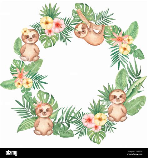 Watercolor Tropical Leaves And Cute Little Sloth Wreath Illustration