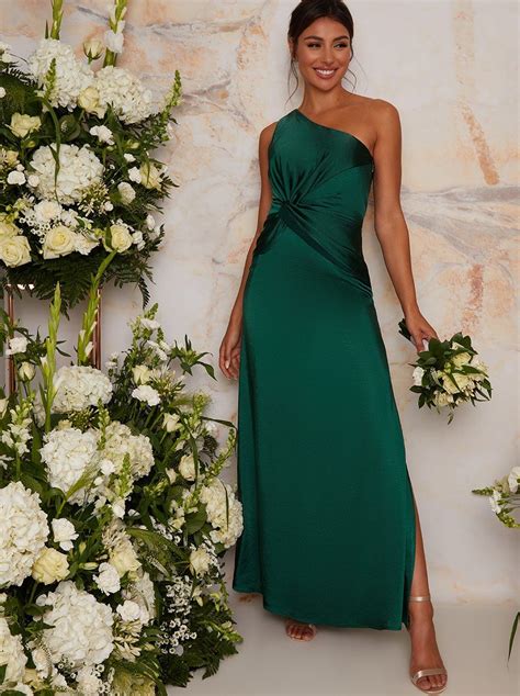 One Shoulder Satin Finish Maxi Bridesmaids Dress In Green Green Bridesmaid Dresses Maxi
