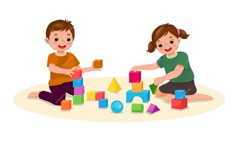 Premium Vector Happy Little Kids Boy And Girl Playing With Building