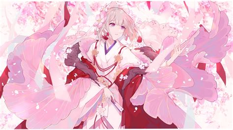 Wallpaper Short Hair Cherry Blossom Petals Kimono Anime Girl
