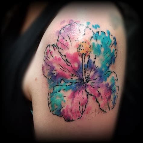 Watercolor Hibiscus Shoulder Tattoo By Haylo By Haylo Tattoonow