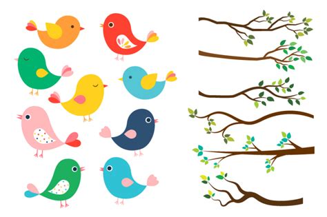 Cute Colorful Birds Clipart Tree Branches Green Leaves