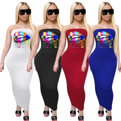 Rainbow Lips Print Sleeveless Bodycon Dress For Women Summer Fashion Sexy Vest With Off Shoulder