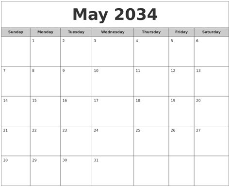 May 2034 Free Monthly Calendar