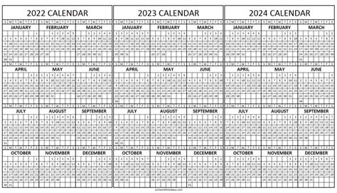 Three Year Calendar 2022 2023 2024 Three Year Calendar Printable