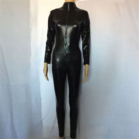 New High Quality Sexy Black Faux Leather Pvc Wet Look Bodysuit Bondage Teddies With Zipper Women