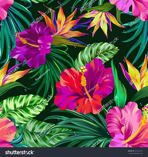 Amazing Vector Tropical Flowers Patten Seamless Design With Gorgeus