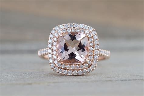 The perfect engagement ring with small round diamonds at both sides. 14k Rose Gold Cushion Pink Morganite Diamond Double Halo Engagement Ri - Brilliant Facets