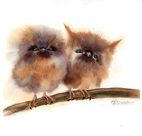 Two Owls Painting Original Watercolor Cute Babies Bird Artwork Couple