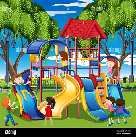 Kids Play On Slide At The Playground Illustration Stock Vector Image