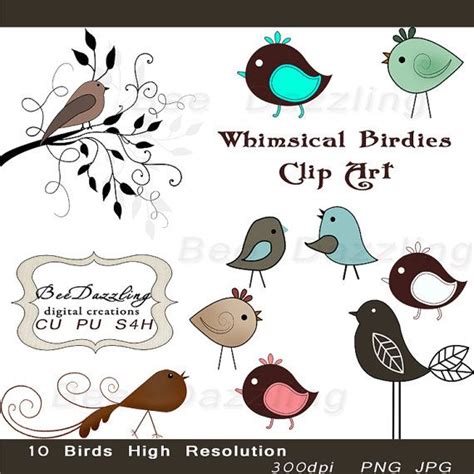 Whimsical Bird Printable Digital Clip Art Personal By Beedazzling