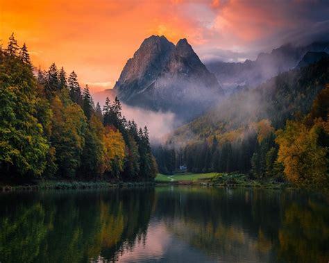 Lake Mountain Forest Germany Mist Sunset Fall Trees Water Sky Nature