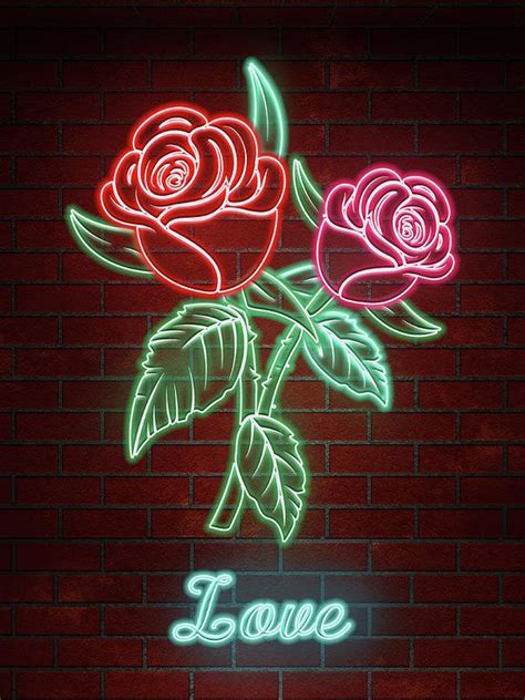 Romantic Roses In Neon Lights Text Love Art Print By Elaine Plesser