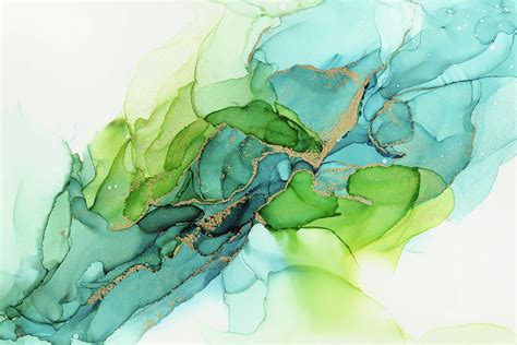 Abstract Ink Blue Gold Green Painting By Olga Shvartsur