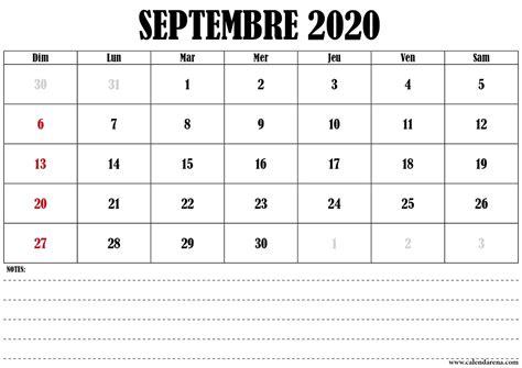 Calendrier Septembre 2020 Avec Notes Gratuit Calendarena