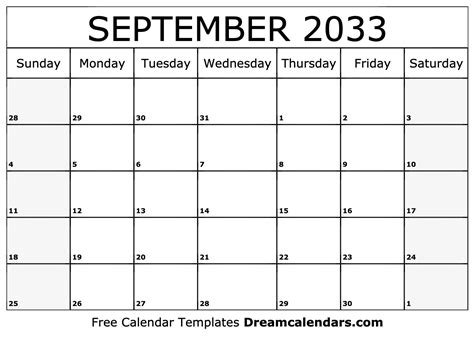 September 2033 Calendar Free Blank Printable With Holidays