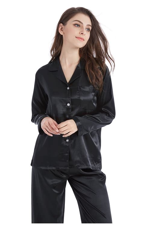 Womens Silk Satin Pajama Set Long Sleeve Black Tony And Candice