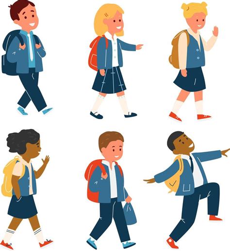Vector Set Of Different Race Pupils In Uniform With School Bagswalking