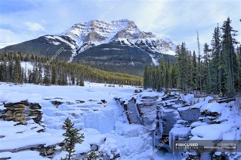 Mount Kekeslin Behind Frozen Athabasca Falls In Winter Jasper National