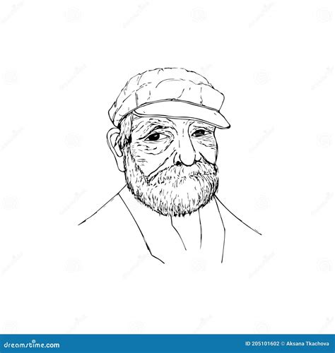 A Sketch Of A Smiling Old Man With A Beard And A Cap Vector