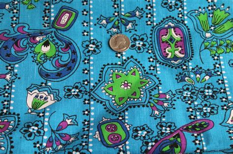hippie vintage mod paisley print cotton fabric bright aqua blue purple green
