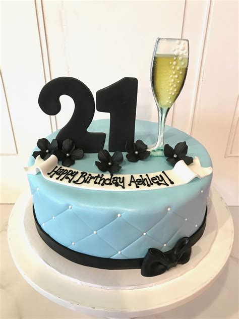 Blue Quilted Birthday Cake For 21st Birthday With 21 Flowers And