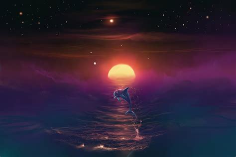 Wallpaper Fantasy Art Dolphin Sea Moon Stars Night Animals