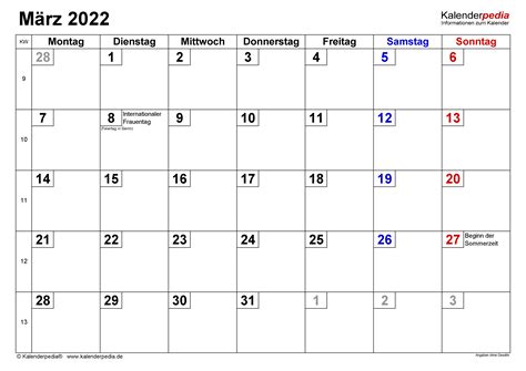 Kalender März 2022 Als Excel Vorlagen