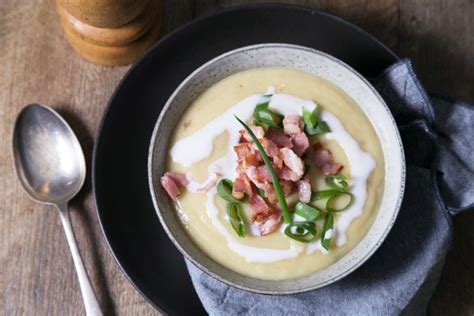Potato Cauliflower Leek Soup With Crispy Bacon Ciabatta Roll You