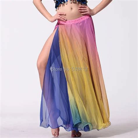 Belly Dance Gradient Color Double Layer Placketing Roll Up Hem Skirt Multicolour Placketing