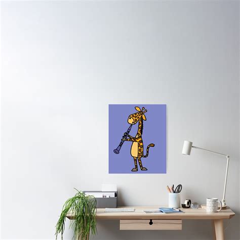 Cool Funny Giraffe Playing Clarinet Cartoon Poster For Sale By